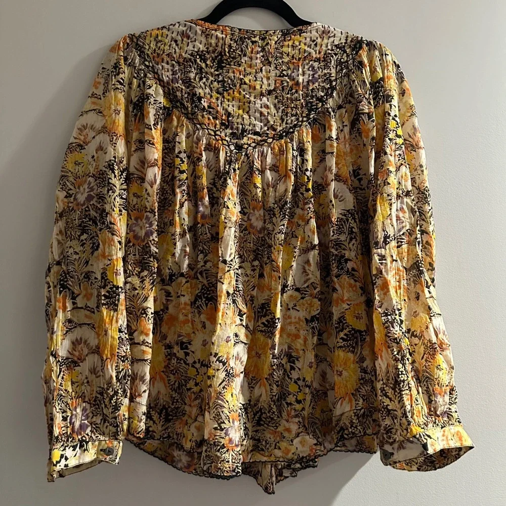 We The Free Floral Print Smocked Peasant Blouse‎ Women Size Small Yellow Orange - Picture 7 of 7